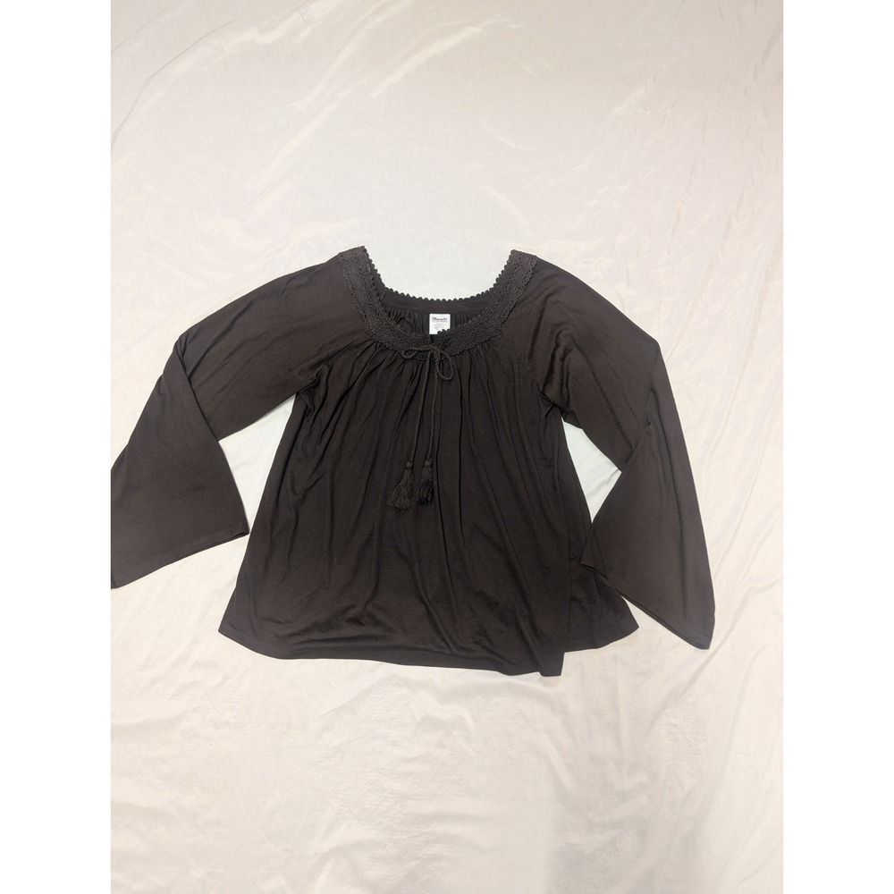 Wrangler Wrancher Chocolate Brown Peasant Top Crochet Neck Wide Sleeves Boho